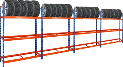 Produktbild von Mega Deal | 4x Reifenregal Tiger XL | HxBxT 200x150x45 cm | 300kg Fachlast | bis zu 72 Reifen | Blau-Orange