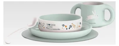 Produktbild von Kindergeschirr Set, Baby-Essensset mit Platzset rutschfest, Teller, Schale, Tasse und Löffel. Spülmaschinenfest, mikrowellengeeignet. Für Babys ab 6 Monaten. Weiß Grün