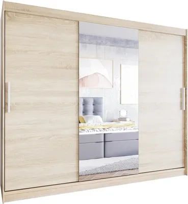 Produktbild von Easy4You L1 250 cm Sonoma Schiebetüren Kleiderschrank 250x215x58 cm mit Spiegel - Schlafzimmermöbel, Aufbewahrung - Mehrzweckschrank