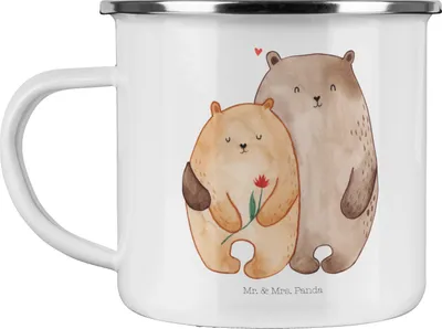 Produktbild von Mr. & Mrs. Panda Emaille Tasse Bären Liebe - Weiß - Geschenk, Verknallt, Freundin, Bär, Kuscheln, Verlobung, Blume, Teetasse, Haferl, Campingbecher, Verlobt, Hochzeitstag