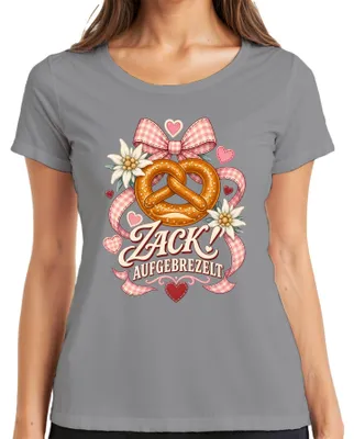 Produktbild von Zack! Aufgebrezelt Brezel Edelweiß Herz Lederhose Madl Damen T-Shirt, Grau, XL