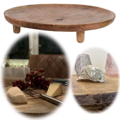 Produktbild von LS-LebenStil XL Mango Serviertablett 37cm Rund Holz Tablett auf Füssen Küchenbrett Käsebrett Wurstbrett Schneidebrett Servierplatte Servierbrett