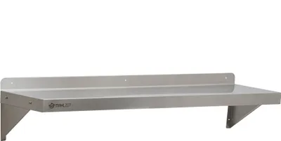 A stainless steel wall shelf mounted on a white background.