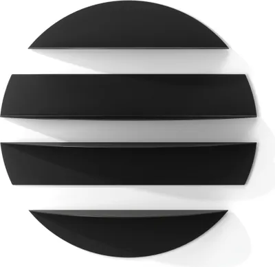 Three black curved shelves arranged in a circular pattern, casting shadows on a white background.