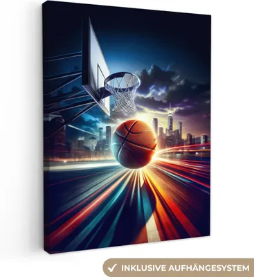 Produktbild von MuchoWow® - Leinwandbilder - Basketball - Sport - Basketball - Stadt, Wandbild, Wanddeko Bilder Wohnzimmer, 60x80cm