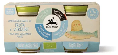 MIĘSO PSTRĄGA Z WARZYWAMI BEZGLUTENOWE OD 4 MIESIĄCA BIO (2 x 80 g) 160 g - ALCE NERO