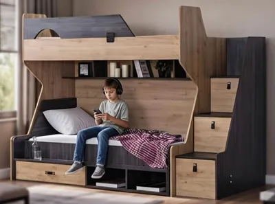 Image de Lit superposé moderne avec étagères et rangements pour chambre d'enfant