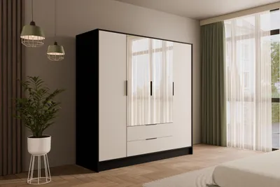 Produktbild von ALTDECOR  Kleiderschrank mit Spiegel und Flügeltüren, Garderobenschrank mit viel Stauraum, Vielseitiger Drehtürenschrank, Schrank KOLIN 200x200 cm Schwarz   Weiß