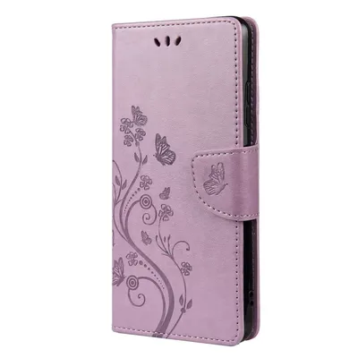 A violet flip phone case with a floral and butterfly design.