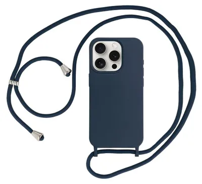 A dark blue phone case with a lanyard attached, shown against a white background.
