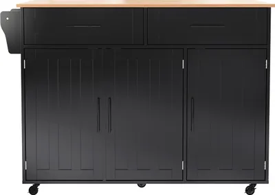 Produktbild von Küchenwagen mit Arbeitsplatte aus massivem Holz und Rollen Kücheninsel Küchenschrank 129x46(71)x91,5cm Schwarz
