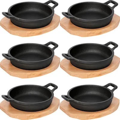 Produktbild von 6x WAS Germany Servierpfanne mit Holzuntersetzer und zwei Seitengriffen Ø 18 cm Gusseisen