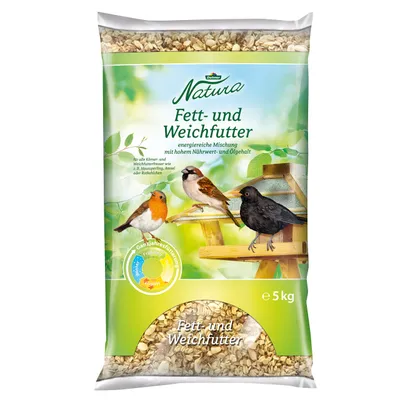 Produktbild von Dehner Natura Premium Wildvogelfutter, Fettfutter / Weichfutter, Ganzjahresfutter artgerecht / kraftspendend , hochwertiges Vogelfutter für Wildvögel, 5 kg