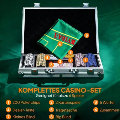 Zdjęcie produktu dla Zestaw pokerowy, 200 sztuk, żetony o wadze 14g, etui ABS, zawiera 2 talie kart, przeznaczony dla 2–6 graczy