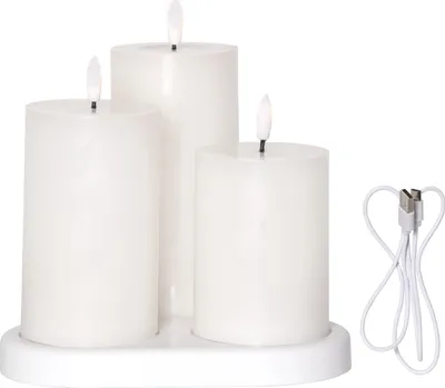 Produktbild von Star Trading 061-06 LED-Wachskerzen "Flamme Charge" 3er Set, Kunststoff/Wachs, weiß, Ø 7,5 cm, Höhe: 10, 12,5 und 15 cm, inkl. Akku und Ladestation, Timer, Vierfarb-Karton