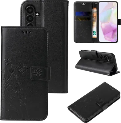 A collage of images showing a black flip phone case with floral and butterfly embossing, displaying its different angles and features.