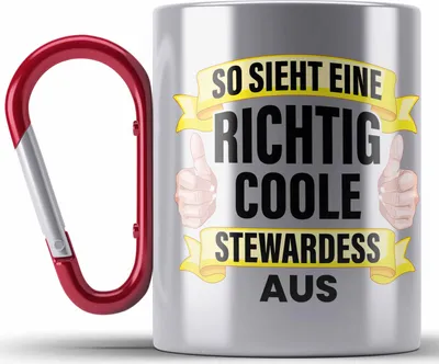 Produktbild von Trendation - Stewardess Edelstahl Tasse Karabiner Geschenk für Stewardessin Lustiger Spruch Karabiner Edelstahl Tasse Karabiner Edelstahl Lustig Flugbegleiterin Sprüche (Rot)