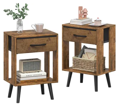 Produktbild von Nachtschrank 2er Set, Tigerholz und Metall, mit Schublade und offenem Fach, für Schlafzimmer