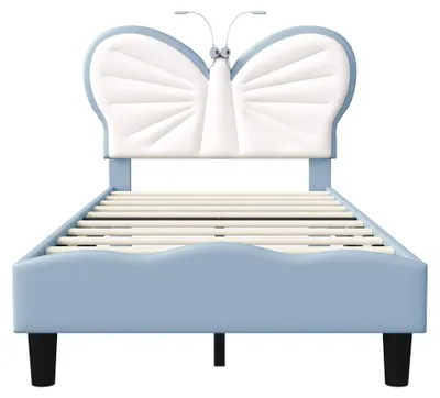 Imagen del producto de Cama Moonbite Schmetterlingsbett de 90x190 cm, color azul, con luces LED de lectura, cabecero de terciopelo y diseño versátil para niños y niñas