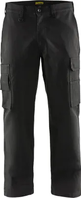 A pair of black cargo pants is shown against a white background.