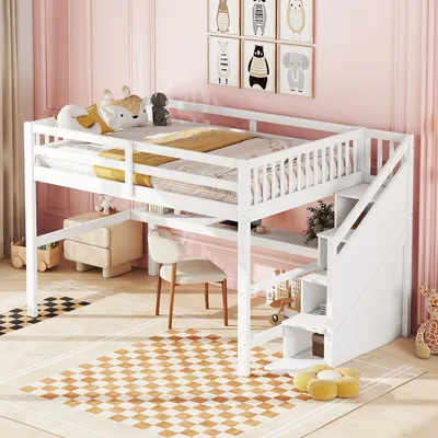 Produktbild von Hochbett mit Schreibtisch, Lattenrost und Treppe, 140x200 cm, Kinderbett mit Rausfallschutz, Jugendbett, Einzelbett, Holzbett