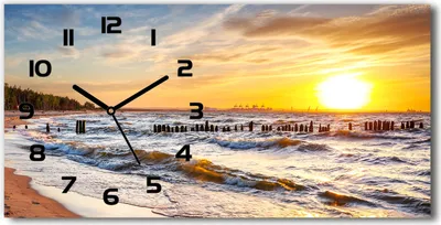 Produktbild von Wanduhr aus Glas – 60x30 cm - Glasbild - Glasuhr - Gehärtetes Glas - schwarze-zeiger - Sonnenuntergang am Strand