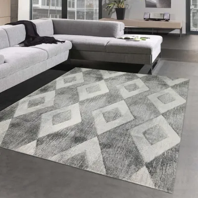 Image de Tapis de couloir abstrait avec losanges en gris crème Taille - 200 x 290 cm