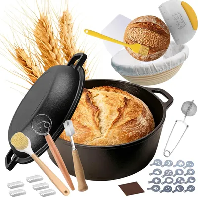 Produktbild von Gusseisentopf zum Brotbacken, 26 cm, mit Gärkorb und Zubehör | Brotbackset aus Gusseisen mit Deckel, Gärkorb für Sauerteig und 2-in-1-Topf zum Braten und Backen