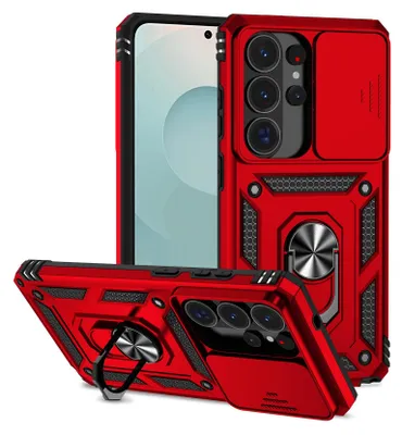 Immagine prodotto di Custodia per Samsung Galaxy S26 Ultra custodia a doppio strato con copertura scorrevole per fotocamera e supporto ad anello rosso
