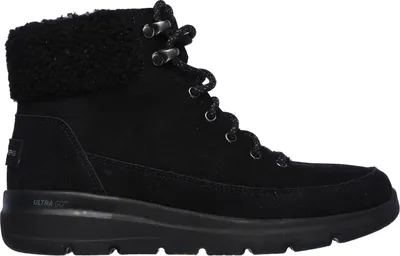 A black Skechers boot is shown against a white background.