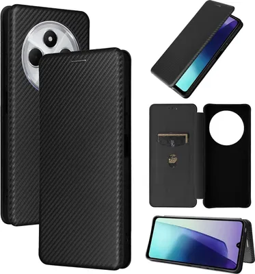 Image de Coque de protection hybride en fibre de carbone pour Xiaomi Redmi 14C, modèle à rabat, couleur noire