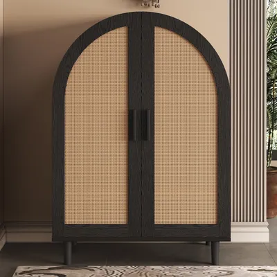 Immagine prodotto di Credenza/scarpiera con ante in rattan, 3 ripiani ed esterno arrotondato