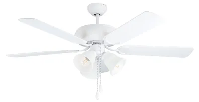 A white ceiling fan with five blades and three lights.