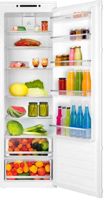 An open refrigerator filled with various food items.