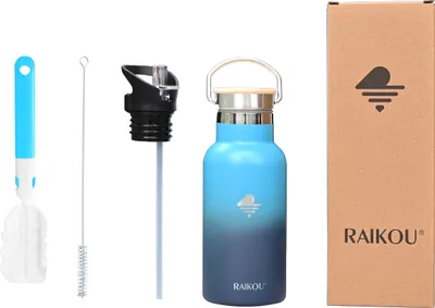 Produktbild von RAIKOU Trinkflasche 350ml Wasserflasche Thermoflasche mit 2 Deckel Seeblau/Dunkelblau