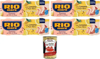 Produktbild von Rio Mare Tonno all’Olio di Oliva con Limone e Pepe Nero Thunfisch in Olivenöl mit Zitrone und schwarzem Pfeffer 4x195gr Packung mit 3 65g-Dosen+ Italian Gourmet polpa 400g