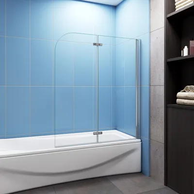 A bathroom scene featuring a bathtub with a glass shower screen.