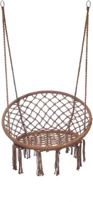 A hanging chair made of brown macrame.
