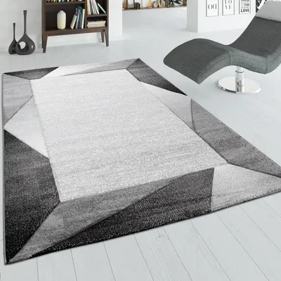 Image de Tapis de salon Bordure effet 3D, tapis à poils courts, gris Dimensions 80 x 150 cm