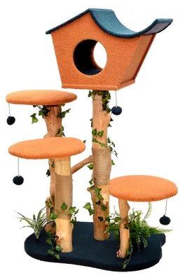 Produktbild von Kratzbaum mit Pflanzendekoration 135 cm, Katzenkratzbaum aus Birnbaumholz mit Teddyfell, Katzenhaus mit Spielbällen, Katzenmöbel mit Plattformen
