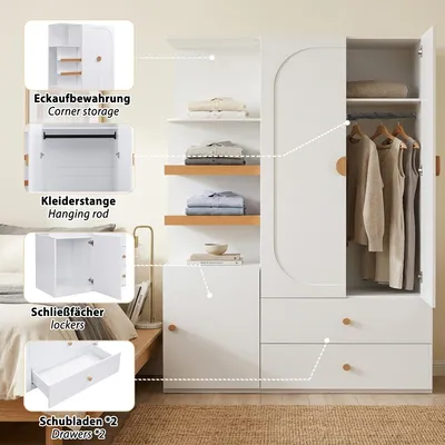 Produktbild von MODFU Kleiderschrank Weiß, Hochschrank 125x50x180cm,Mehrzweckschrank Stauraumschrank mit Kleiderstange, 2 Schubladen und offenen Regalfächern