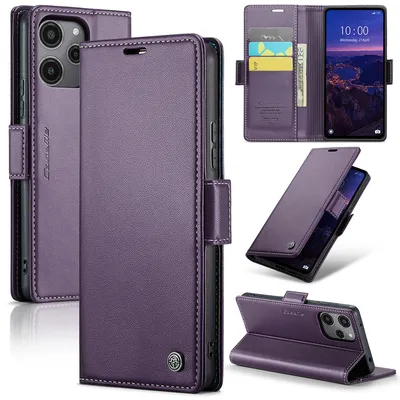 Image de Etui pour Xiaomi Redmi 12 5G/4G /Poco M6 Pro 5G, carte de blocage RFID, étui en cuir avec fonction stand pourpre
