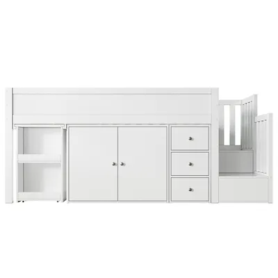 Produktbild von Flieks Etagenbett 90x200cm mit Ausziehbarem Schreibtisch, Hochbett Kinderbett mit Schubladen und Schrank, Stockbett Holzbett mit Lattenrost, Weiß