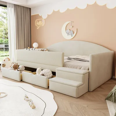 Produktbild von Flieks Polsterbett 90x190cm mit 2 Schubladen, Kinderbett Schlafsofa mit Treppe, Kinder Hochbett mit Rausfallschutz, Samt, Beige