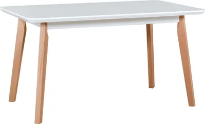 A white rectangular table with light brown wooden legs against a white background.