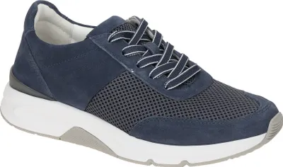 A single blue sneaker is shown against a white background.