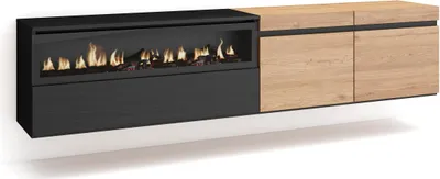 Produktbild von TV-Schrank, Lowboard, 200x35x45cm, Für TV-Geräte bis zu 80", Elektrokamin, Hängend, Eiche und Schwarz