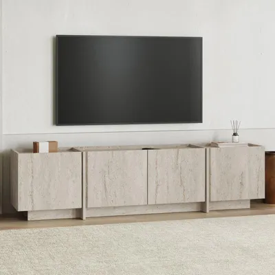 Image de Meuble TV Banc TV en bois MDF mélaminé effet travertin 180 x 35 x 46 cm fermeture douce
