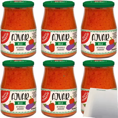 Produktbild von Gut & Günstig Ajvar mild mit Paprika und Auberginen 6er Pack (6x340ml Glas) + usy Block