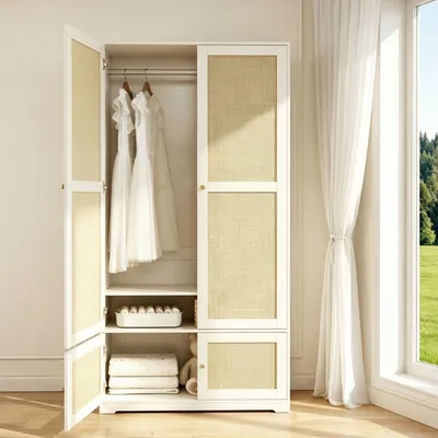 Produktbild von Kleiderschrank mit 2 Rattantüren weiß, Drehtürenschrank 90x180x48 cm mit Kleiderstange & Einlegeböden, Schlafzimmerschrank Landhaus-Stil, MDF